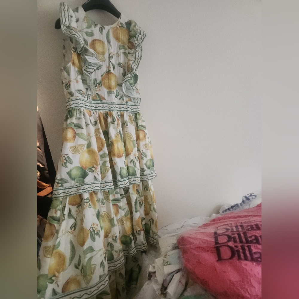 H&M Ruffle-trimmed Maxi Dress Floral White/lemons Sz S Nwt - Picture 14 of 15